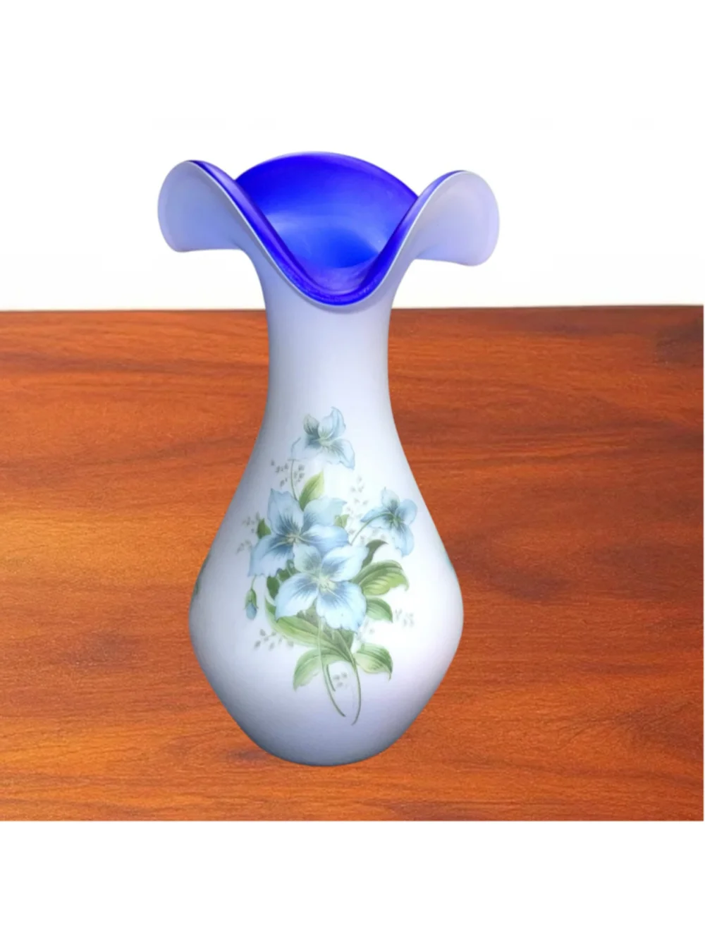 Vintage Made Italy White Satin Cobalt Blue Ruffled Rim Floral Art Glass Vase 12”